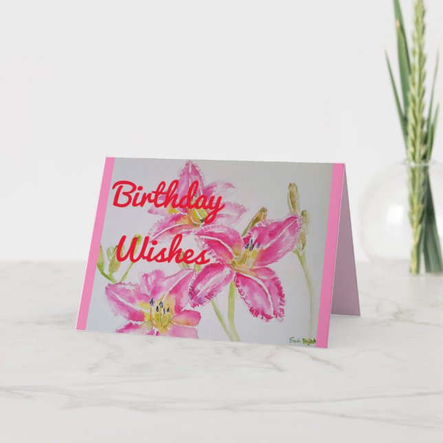 Pretty Pink Lily Watercolour floral Birthday Card (Front)