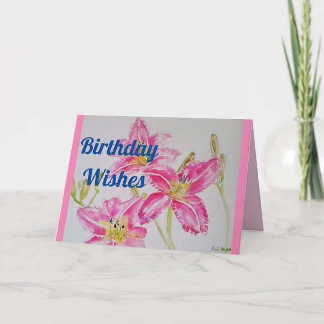 Pretty Pink Lily Watercolour floral Birthday Card (Front)