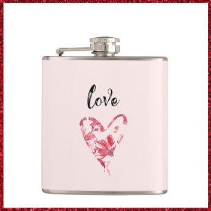 Pretty Pink Love Floral Heart Hip Flask