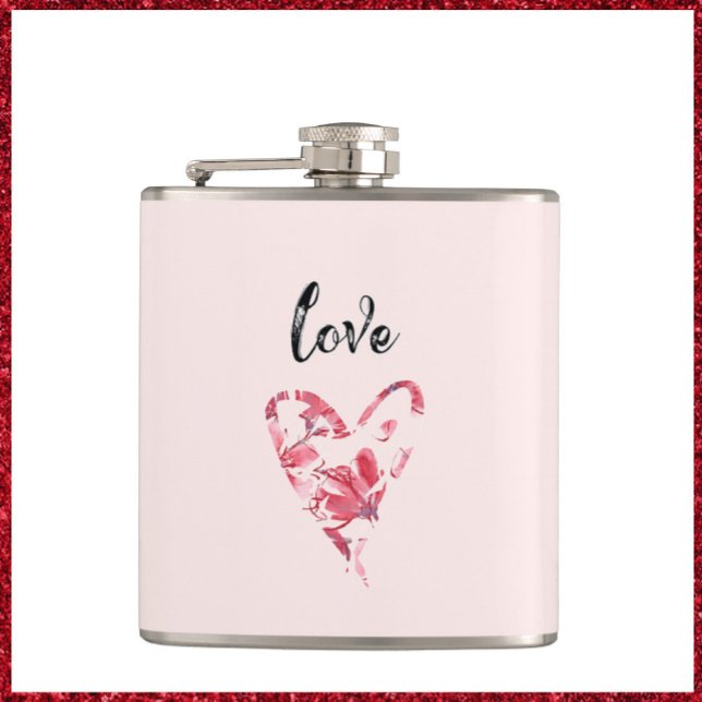 Pretty Pink Love Floral Heart Hip Flask (Creator Uploaded)