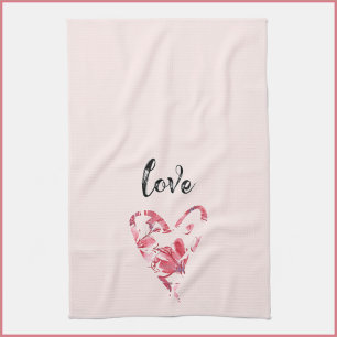 Pretty Pink Love Floral Heart Tea Towel