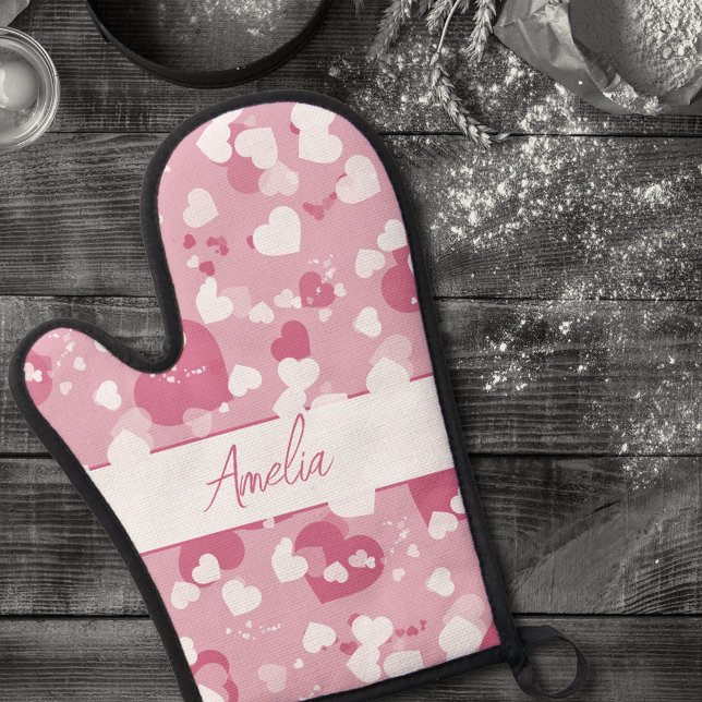 Pretty Pink Love Heart Personalised Oven Mitt & Pot Holder Set (Creator Uploaded)