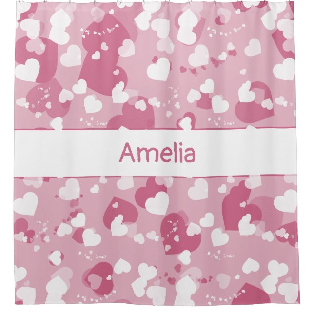 Pretty Pink Love Heart Personalised Shower Curtain (Front)