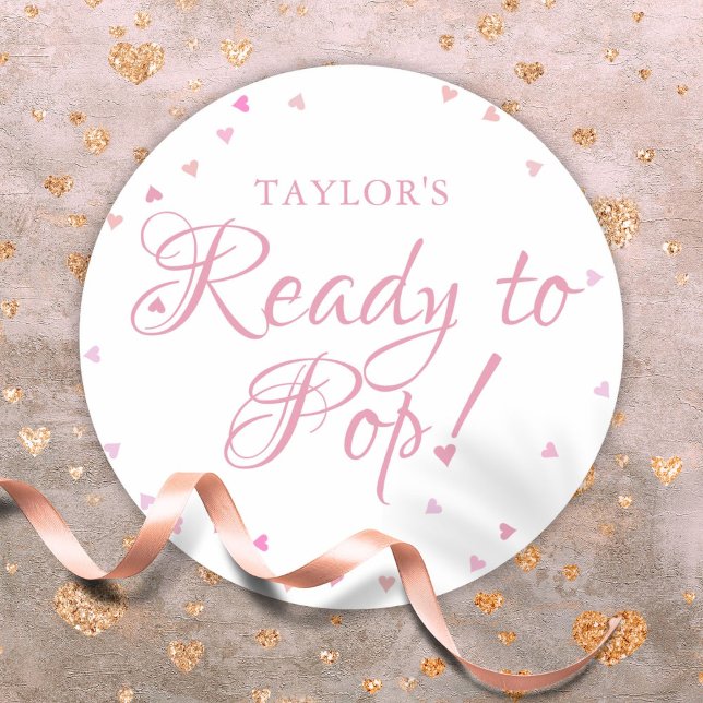 Pretty Pink Love Hearts Ready to Pop Baby Shower Classic Round Sticker (Pretty Pink Love Hearts Ready to Pop Baby Shower Classic Round Sticker)