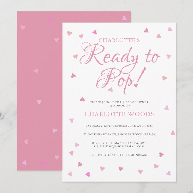 Pretty Pink Love Hearts Ready to Pop Baby Shower Invitation (Front/Back)