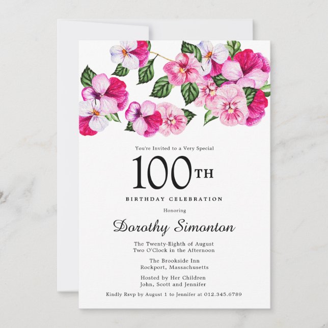 Pretty Pink Magenta White Floral 100th Birthday Invitation (Front)