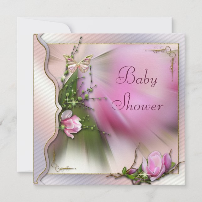 Pretty Pink Magnolia Butterfly Sparkle Baby Shower Invitation (Front)