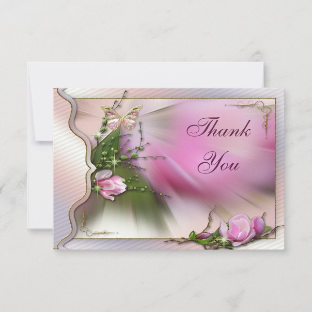 Pretty Pink Magnolia Butterfly Sparkle Thank You Card (Front)