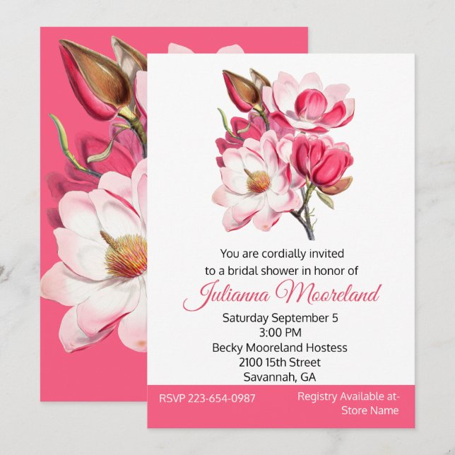Pretty Pink Magnolias Bridal Shower Invitation (Front/Back)