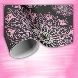 Pretty pink mandala on black wrapping paper