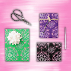 Pretty pink mandala on green, black, purple   wrapping paper sheet
