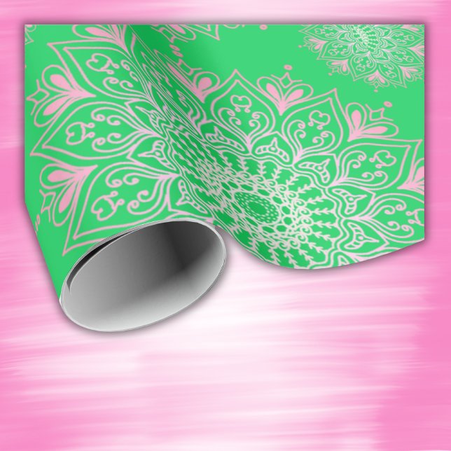 Pretty pink mandala on green | wrapping paper (Creator Uploaded)