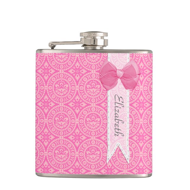 Pretty Pink Medallion Damask Cute Bow With Name Hip Flask (Front)