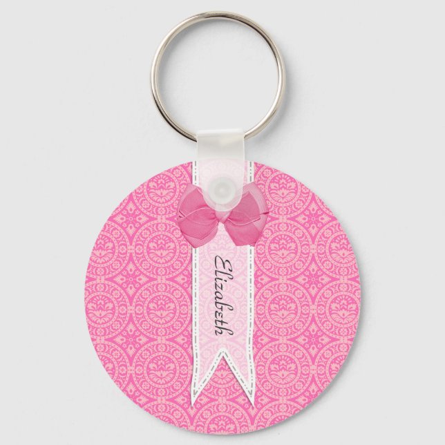 Pretty Pink Medallion Damask Cute Bow With Name Key Ring (Front)