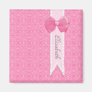 Pretty Pink Medallion Damask Cute Bow With Name Magnet