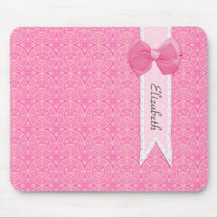 Pretty Pink Medallion Damask Cute Bow With Name Mouse Mat