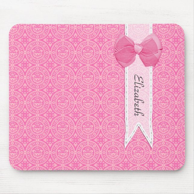 Pretty Pink Medallion Damask Cute Bow With Name Mouse Mat (Front)