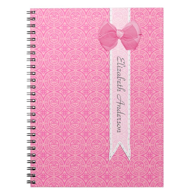 Pretty Pink Medallion Damask Cute Bow With Name Notebook (Front)