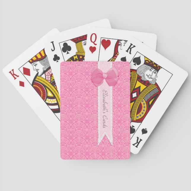 Pretty Pink Medallion Damask Cute Bow With Name Playing Cards (Back)