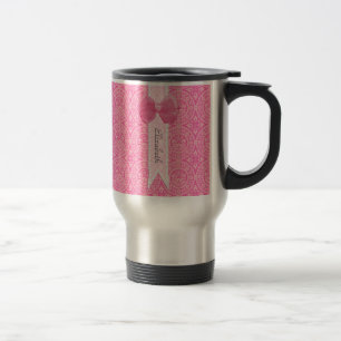 Pretty Pink Medallion Damask Cute Bow With Name Travel Mug