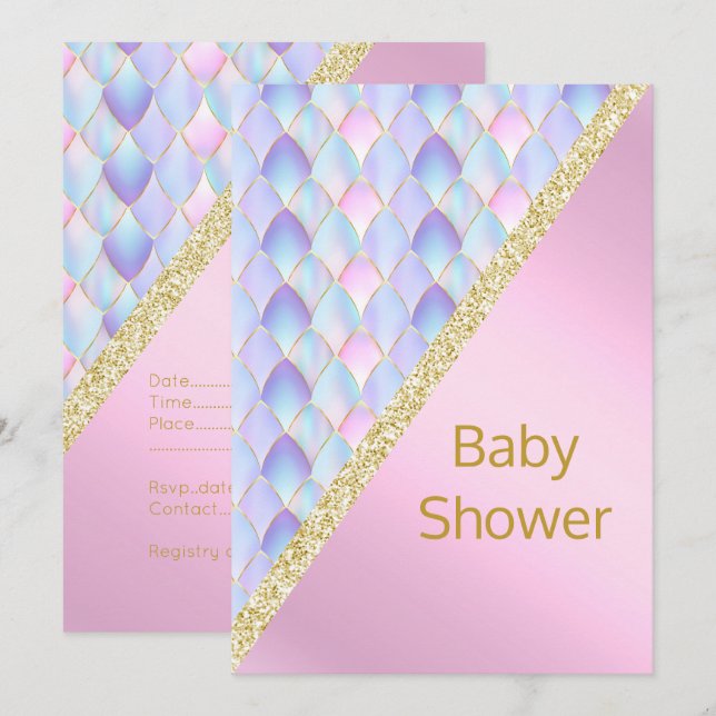 PRETTY PINK Mermaid BABY SHOWER INVITATION Gold (Front/Back)