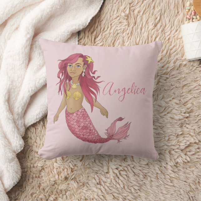 Pretty Pink Mermaid Girl's Room Custom Name Cushion (Blanket)