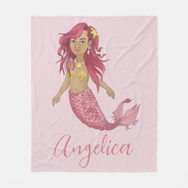Pretty Pink Mermaid Girl's Room Custom Name Fleece Blanket (Front)