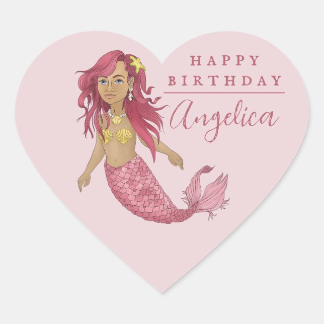 Pretty Pink Mermaid Happy Birthday Custom Name Heart Sticker (Front)