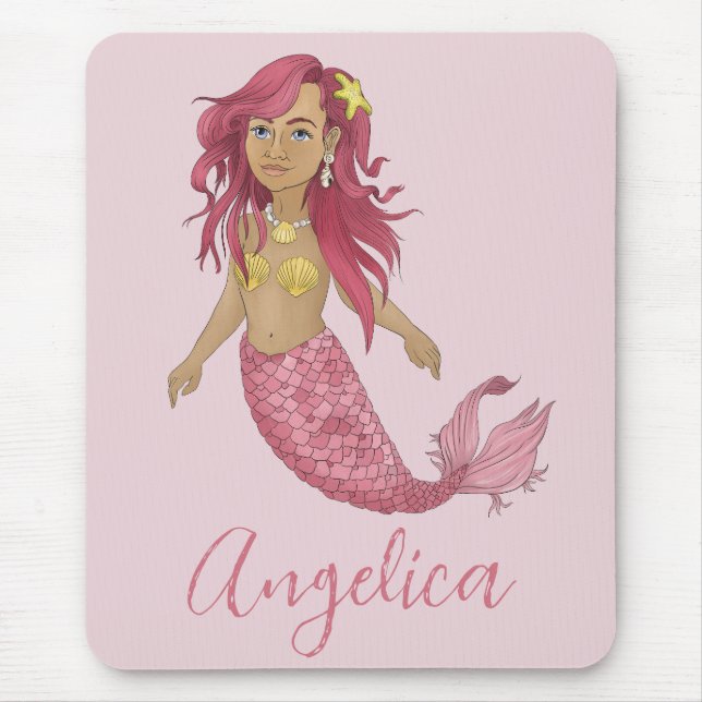 Pretty Pink Mermaid Happy Birthday Custom Name  Mouse Mat (Front)