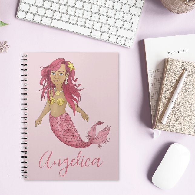 Pretty Pink Mermaid Happy Birthday Custom Name  Notebook (Creator Uploaded)