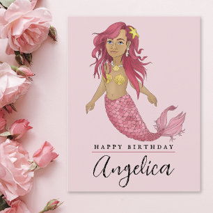 Pretty Pink Mermaid Happy Birthday Custom Name Postcard