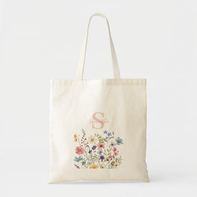 Pretty Pink Monogram Name Floral  Tote Bag (Front)