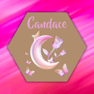 Pretty Pink- Moon, Butterfly, Floral - Monogram   Paper Coaster