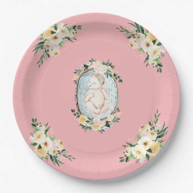 Pretty Pink Newborn Baby Girl Shower Paper Plate (Front)