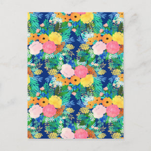 Pretty Pink & Orange Flowers Classic Blue Paint Holiday Postcard
