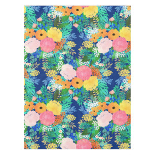 Pretty Pink & Orange Flowers Classic Blue Paint Tablecloth