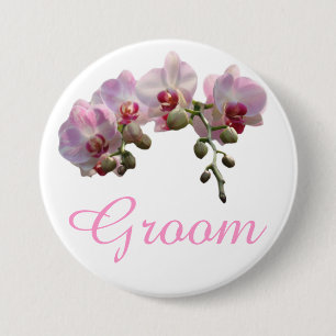 pretty pink orchid flowers groom wedding button