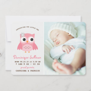 Pretty Pink Owl Photo Birth Announcement