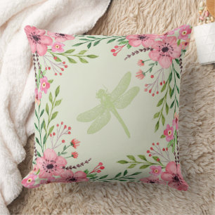 Pretty Pink Painted Flowers With Green Dragonfly Cushion