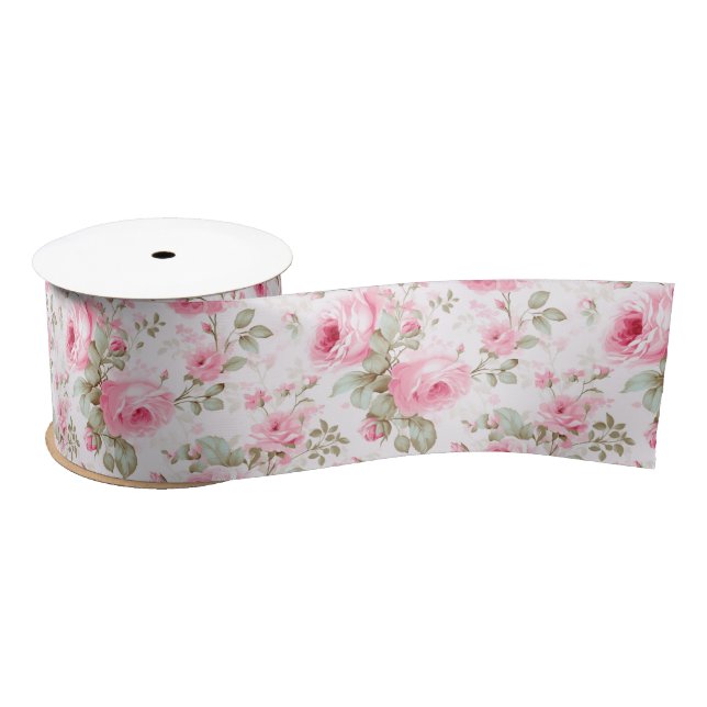 Pretty Pink Painted Roses  Satin Ribbon (Spool)