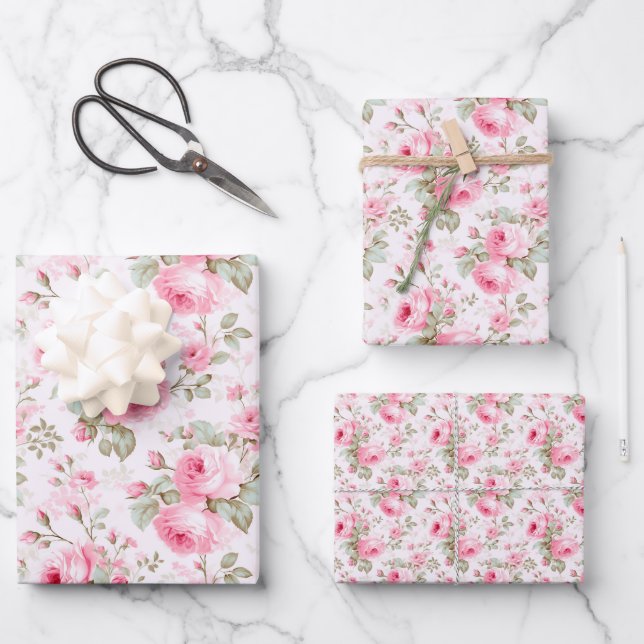 Pretty Pink Painted Roses  Wrapping Paper Sheet (Front)