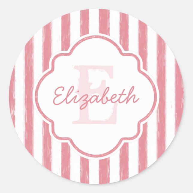 Pretty Pink Painted Stripes Monogram and Name Classic Round Sticker (Front)