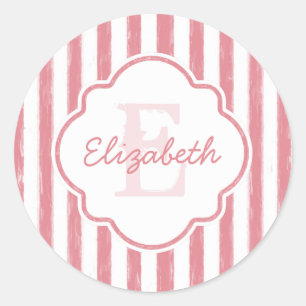 Pretty Pink Painted Stripes Monogram and Name Classic Round Sticker