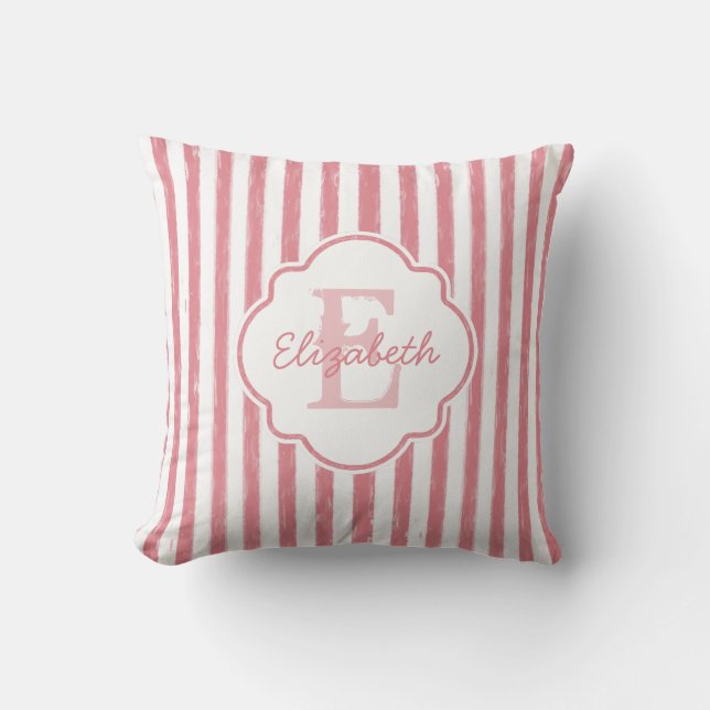Pretty Pink Painted Stripes Monogram and Name Cushion (Front)
