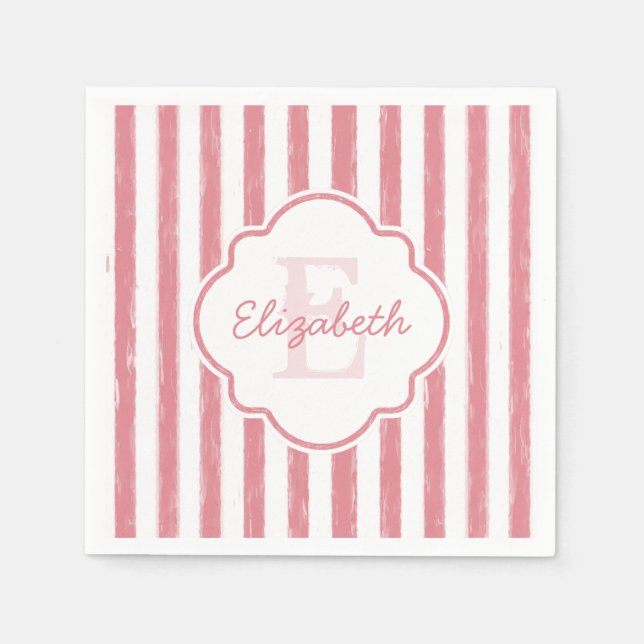 Pretty Pink Painted Stripes Monogram and Name Napkin (Front)