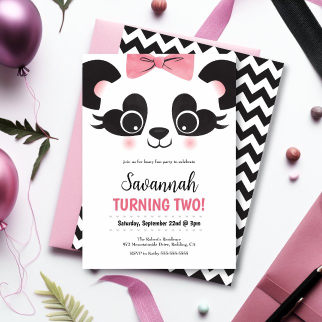 Pretty Pink Panda Bear Girls Birthday Invitation (Creator Uploaded)