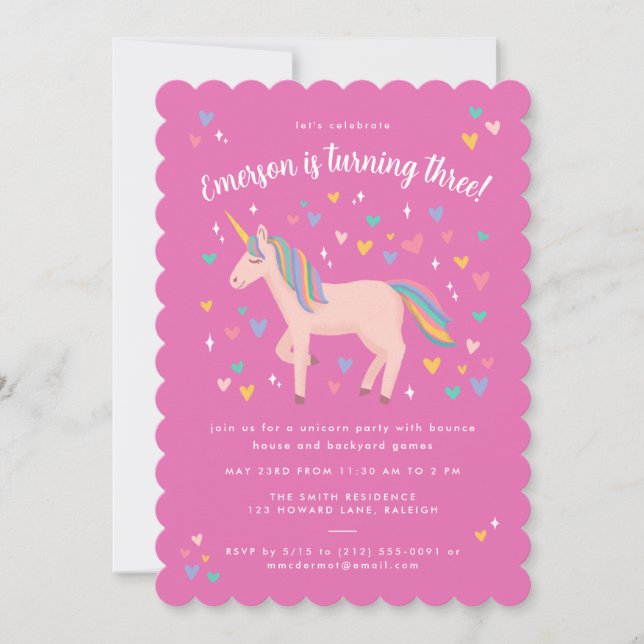 Pretty Pink Pastel Rainbow Unicorn Birthday Party Invitation (Front)