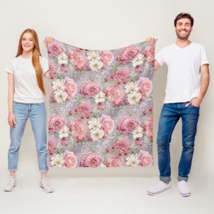 Pretty Pink Pastel Watercolor Floral & Lace Fleece Blanket