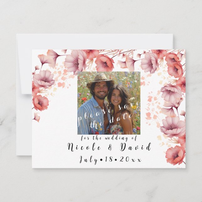 Pretty Pink, Peach Fuzz, Watercolor Wedding Save The Date (Front)