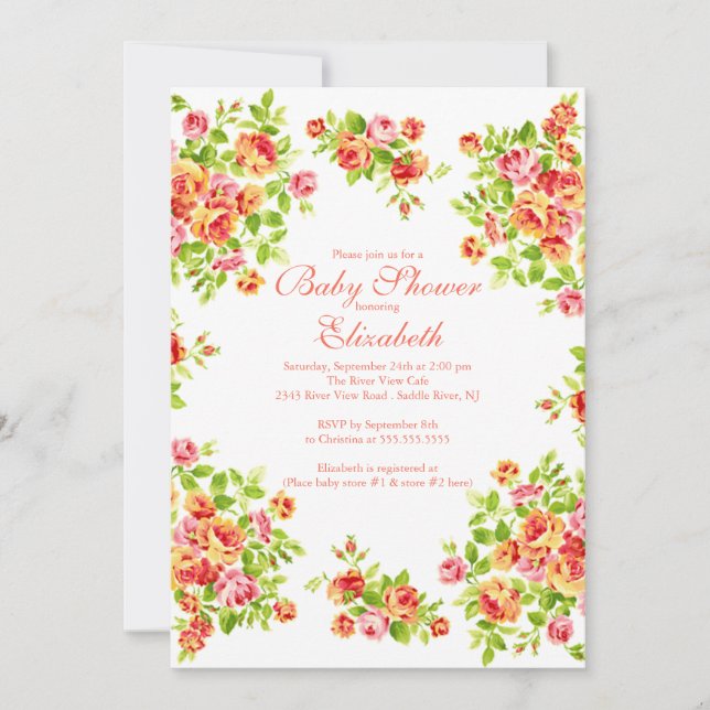 Pretty Pink Peach Rose Floral BabyShower Invitation (Front)